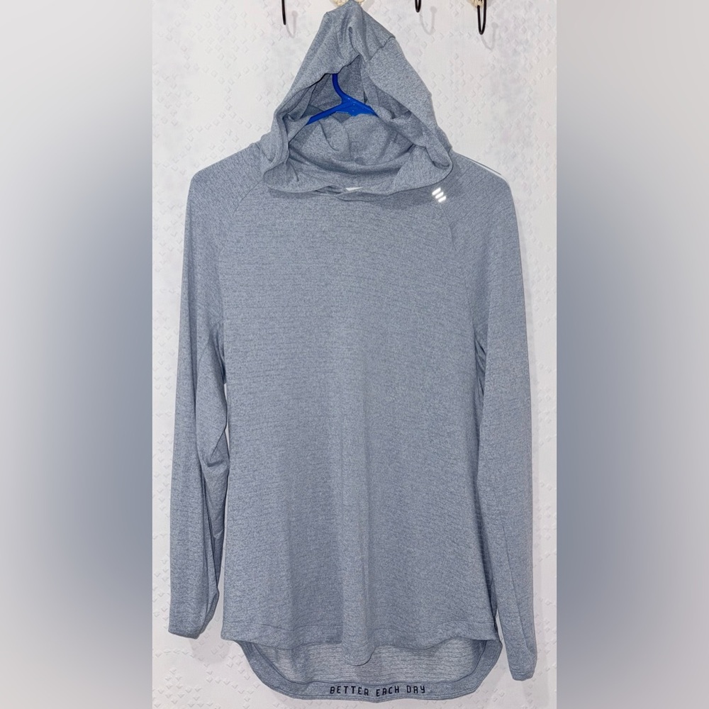 Blue Heathered Hooded Pullover Reflective Logo Athletic Top Lightweight Stretch